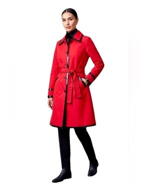 Dennis Basso Red Belted Button Front Trench Coat Black Trim Women's XL